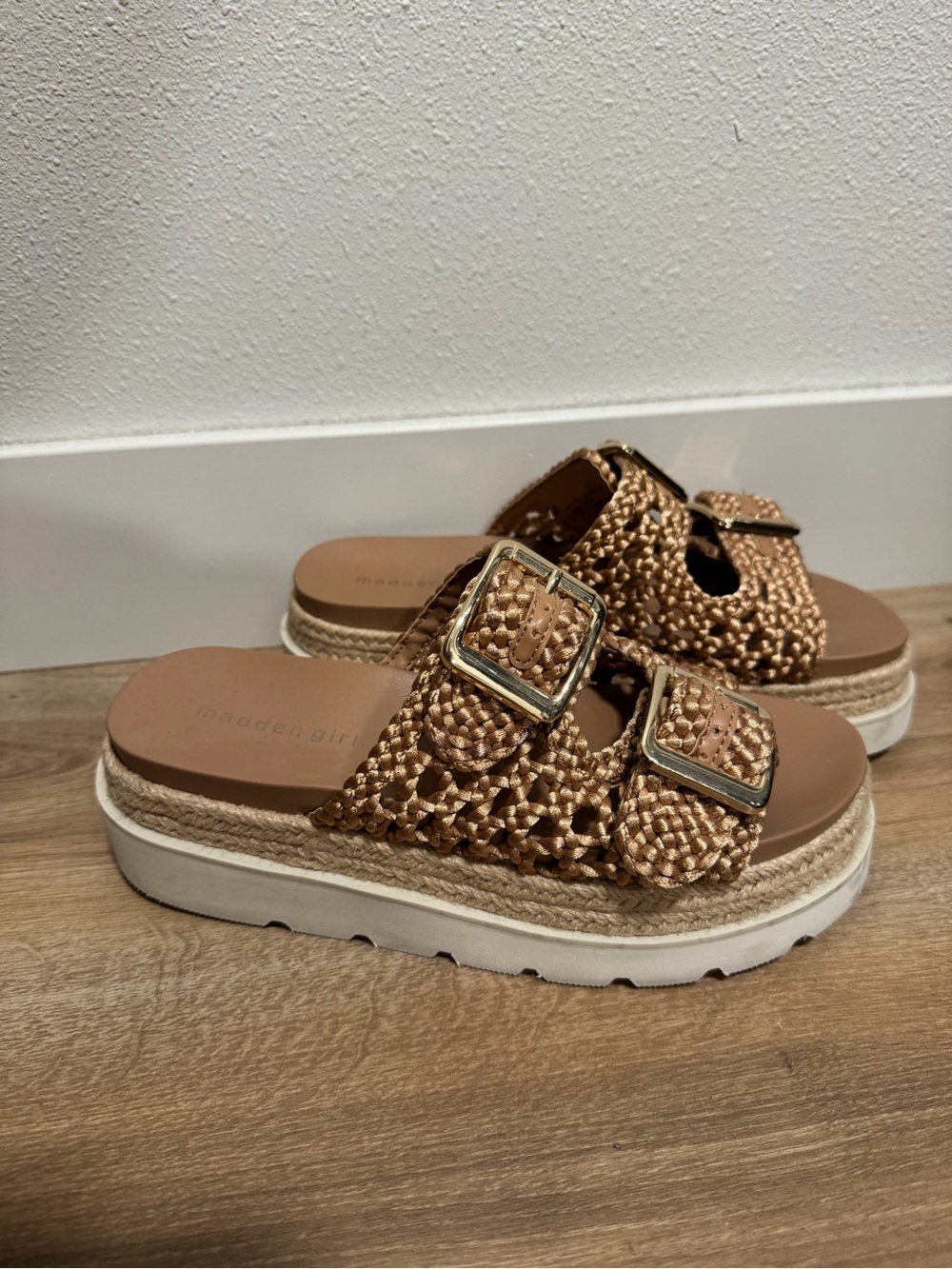 Madden Girl Tan Woven Platform Slide Sandals with Gold Buckles